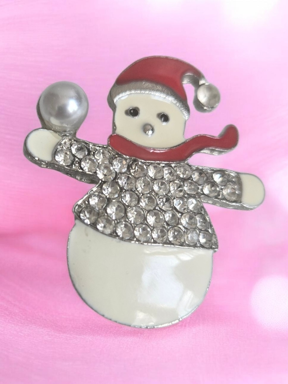 Red & White Snowman Crystal Brooch for Kids